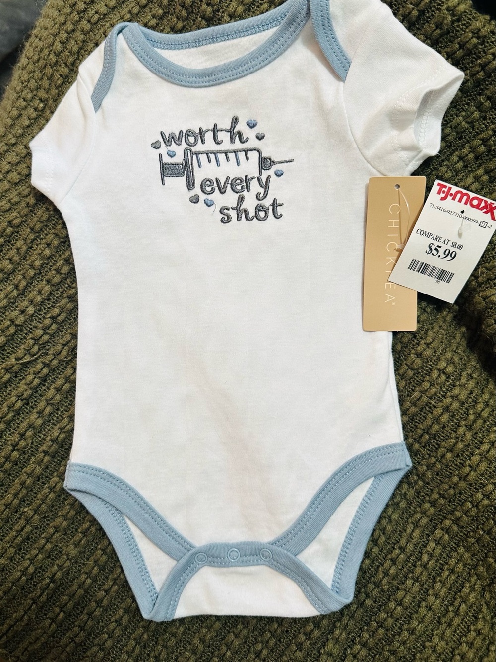 NWT Chick Pea Baby Onesie - "Worth Every Shot" 6-9mos